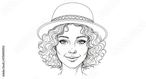 Sketch of a smiling woman with curly hair wearing a hat line art drawing style
