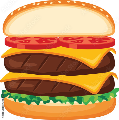 Double cheeseburger with lettuce tomato and sesame seed bun illustration food fast