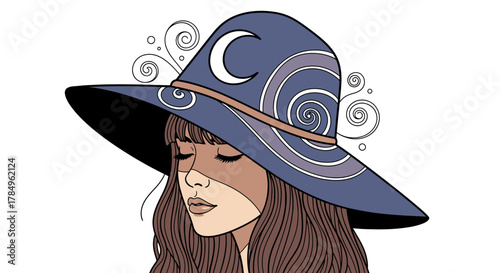 Enigmatic woman portrait adorned with celestial hat moon and spiral design adding an element of