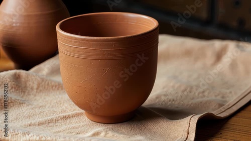 Handcrafted Ceramic Cup on Soft Beige Fabric in Warm Natural Light with Blurred Pottery in Background for a Cozy Aesthetic
