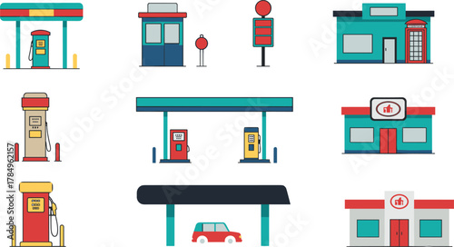 Set of colorful gas station pump icons, fuel station buildings, petrol service elements, automotive refueling illustration, transportation energy facility graphics