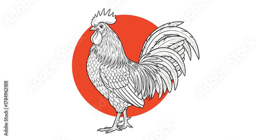 Elegant rooster line drawing on vibrant red circle backdrop detailed poultry illustration