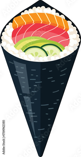 Hand roll sushi cone with salmon avocado and cucumber filling handroll