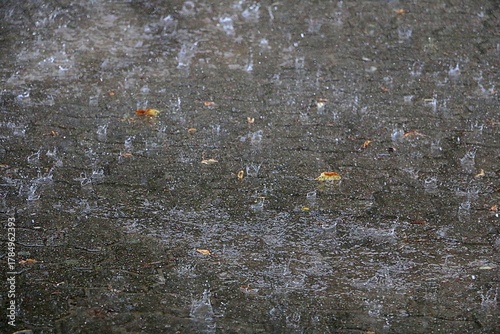 heavy rain falls on the street and splashes in the puddles
