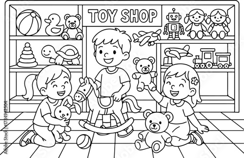 hand drawn vector illustration of kids playing with toys coloring page for kid