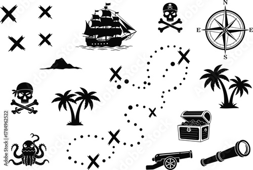 Flat vector pirate treasure map illustration, skull symbols, sailing ship, compass rose, tropical island adventure, dotted path, hidden gold chest
