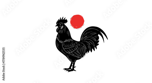 Artistic rooster illustration against a sunlike sphere, conveying a rural dawn scene with rustic