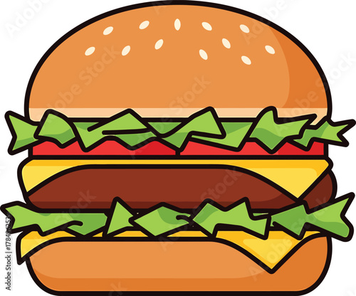 Double cheeseburger with lettuce tomato and sesame seed bun illustration food fast 1