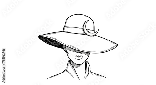 Elegant minimalist sketch of a woman with a wide-brimmed hat and moon accent offering mystery