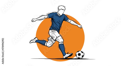 Dynamic soccer player with energetic kick in stylized vector illustration on an orange background