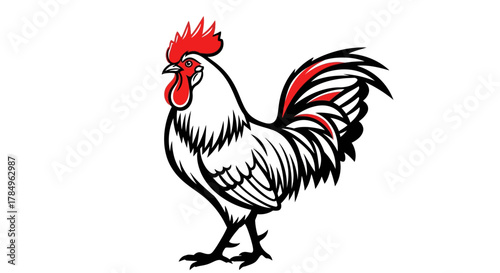Stylized rooster illustration with bold lines and vibrant red accents on white background