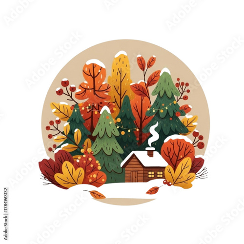 Cozy cabin surrounded by colorful autumn forest with foliage  