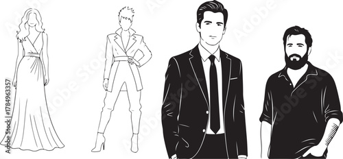 Vector illustration of people in business fashion, including a man and woman standing in suits, shirts, and jackets