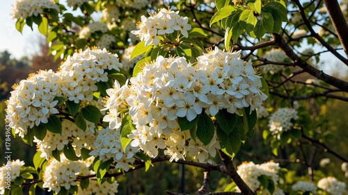 Abundant Clusters of White Blossoms Illuminated by Sunlight in a Tranquil Garden Setting with Lush Greenery and Vibrant Foliage