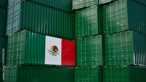 Cargo shipping container with mexico flag, shipping and freight transportation of mexico concept.
