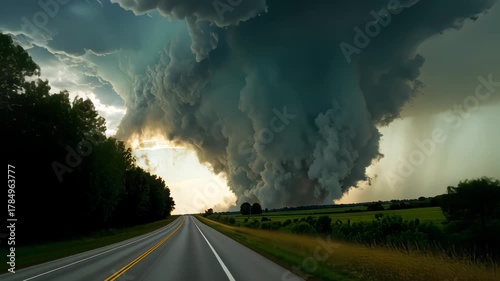 Massive Tornado Forms Over Open Highway Under Ominous Clouds, Depicting Nature's Raw Power and Intensity Looming Over Rural Landscape