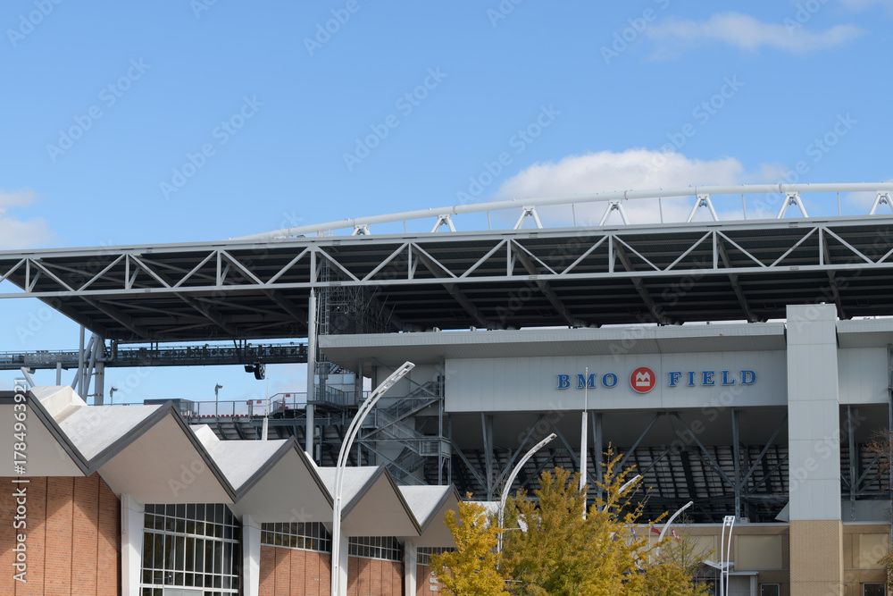 Fototapeta premium (bottom left) Queen Elizabeth Building and BMO Field, a stadium, located at 170 Princes' Blvd, Exhibition Place, Toronto