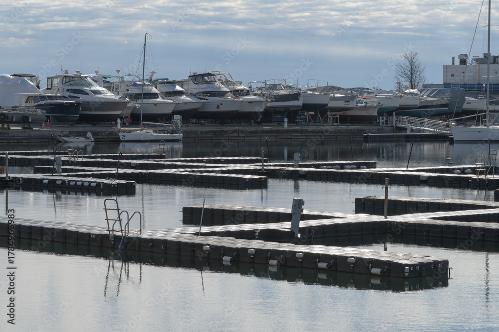Fototapeta premium view of National Yacht Club, 1 Stadium Rd, with boats in storage, off season, Toronto