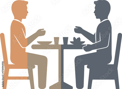 Two people eating at a restaurant table vector icon with neutral color palette isolated on transparent background