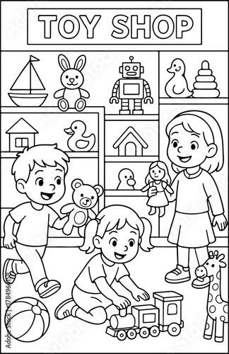 hand drawn vector illustration of kids playing with toys coloring page for kid