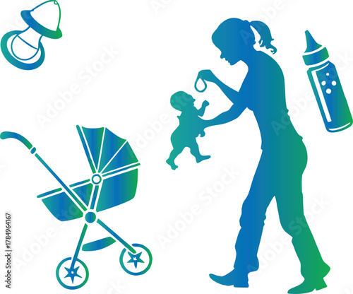 Vector silhouette illustration of a mother and child showing love and family