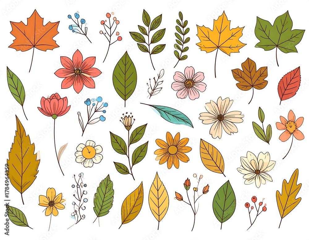 Obraz premium A collection of various autumn foliage and flowers with colored outlines, perfect for nature-themed designs