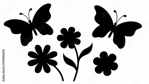 Elegant butterfly and flower silhouettes for spring designs, cute vector elements for invitations and cards