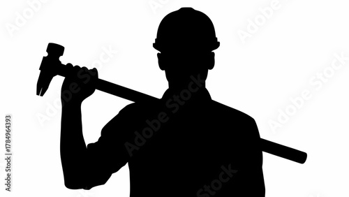 Construction worker silhouette with hammer over shoulder for labor, industry, and hard work concepts