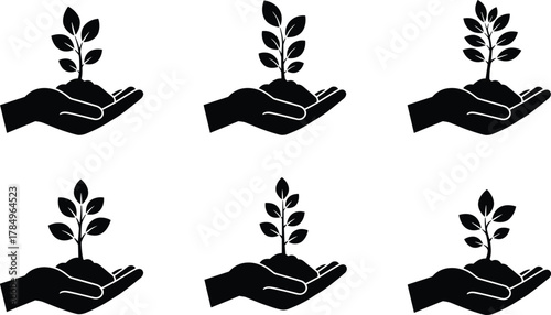 Set of hand holding plant icons, black silhouette ecology design, growth and nature care concept, sustainability, environment protection illustration