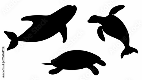 Elegant sea life silhouette design showing dolphin, sea turtle, and turtle swimming together peacefully