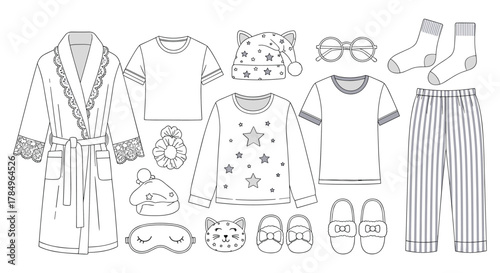Collection of pajamas and sleepwear items for women and girls.