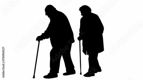 Elderly couple silhouette walking with canes symbolizes aging gracefully and senior companionship
