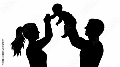 Silhouette family joy father holding baby aloft mother reaching up family bond love celebration