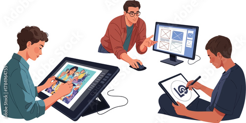 Team of digital artists collaborating on creative projects using technology