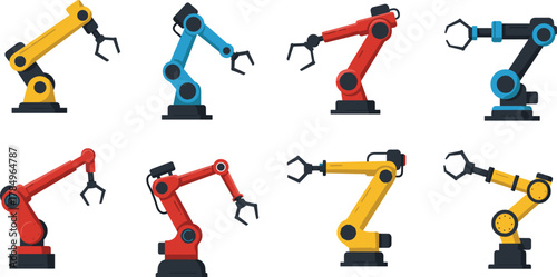 Set of industrial robotic arms in factory automation, mechanical engineering, manufacturing technology, robotic machinery, innovation, and future industry concept illustration