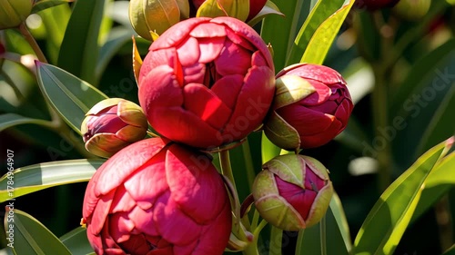 Vibrant Red Peony Blooms Surrounded by Fresh Green Foliage in a Lush Garden Setting Emphasizing Natural Beauty and Botanical Elegance