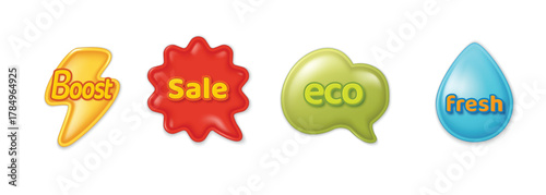 Realistic 3D colorful puffy glossy stickers with Boost, Sale, Eco, and Fresh