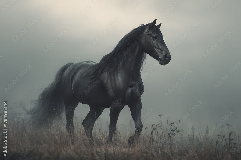 Fototapeta premium Black friesian horse walking through foggy field