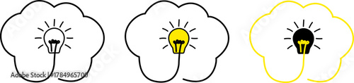 Sets of cloud icons with light bulbs, in outline, color fill and combined styles, for creative brainstorming concepts and thought processes, innovation concepts and solutions