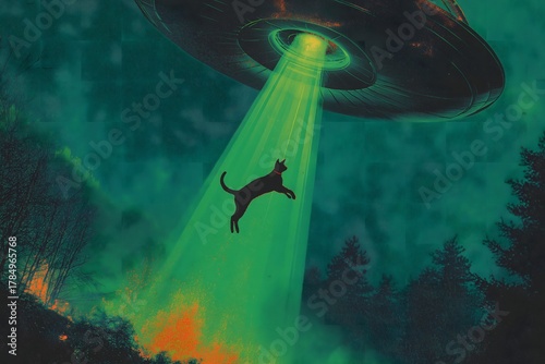 Cat Suspended in Alien Abduction Scene with UFO and Green Lights