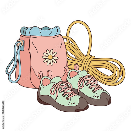 A pair of climbing shoes, a chalk bag with a daisy design, and a coiled climbing rope.