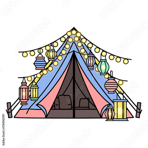 A cozy glamping tent adorned with colorful lanterns and string lights, perfect for a festive outdoor event.