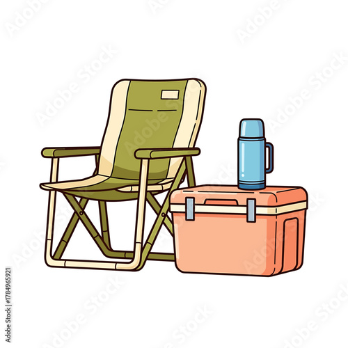 A camping scene featuring a folding chair, a cooler, and a thermos bottle.