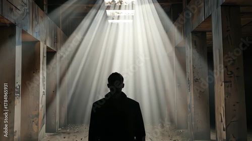 Silhouetted Figure Standing in Abandoned Warehouse Illuminated by Dramatic Sunbeams Through a Ceiling Opening
