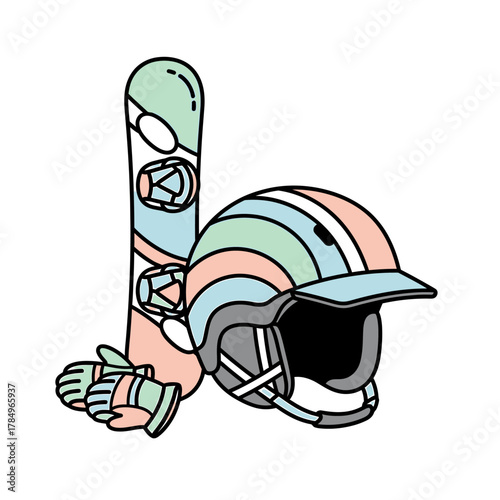 Illustration of a snowboard, helmet, and gloves, representing winter sports equipment.