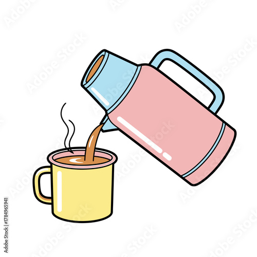 A pink thermos flask pouring a hot steaming beverage into a yellow mug, isolated on a white background.