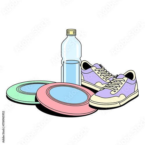 An illustration showcasing a water bottle, two frisbees, and a pair of sneakers, ready for outdoor activities.