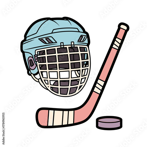 Illustration of a hockey helmet, stick, and puck on a white background.