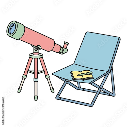 An illustration of a pink telescope on a tripod next to a blue folding chair with a notebook and pen.
