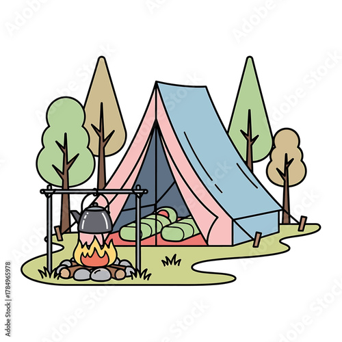 A colorful illustration of a camping scene with a blue and pink tent, a roaring campfire with a kettle, and several trees in a natural setting.